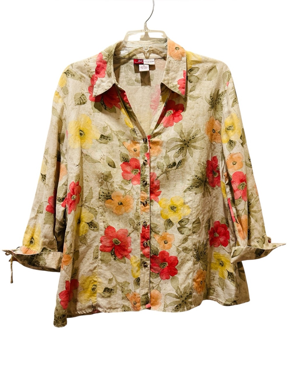 JM Collection Women 100% Linen Shirt Floral Button Up 3/4 Sleeve 16 Cottagecore